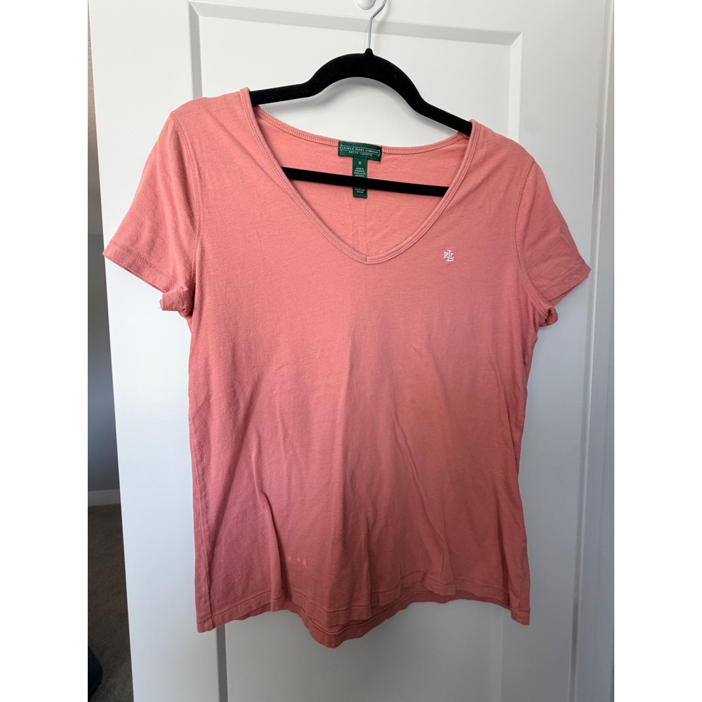 Lauren Ralph Lauren Pink V-Neck Cotton T-Shirt Womens Medium Embroidered_141